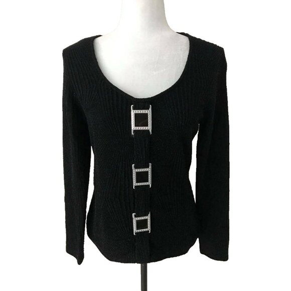 FRANK LYMAN Design Long Sleeve Top Blouse Size 12 Black Textured Metallic Nylon - Picture 1 of 6